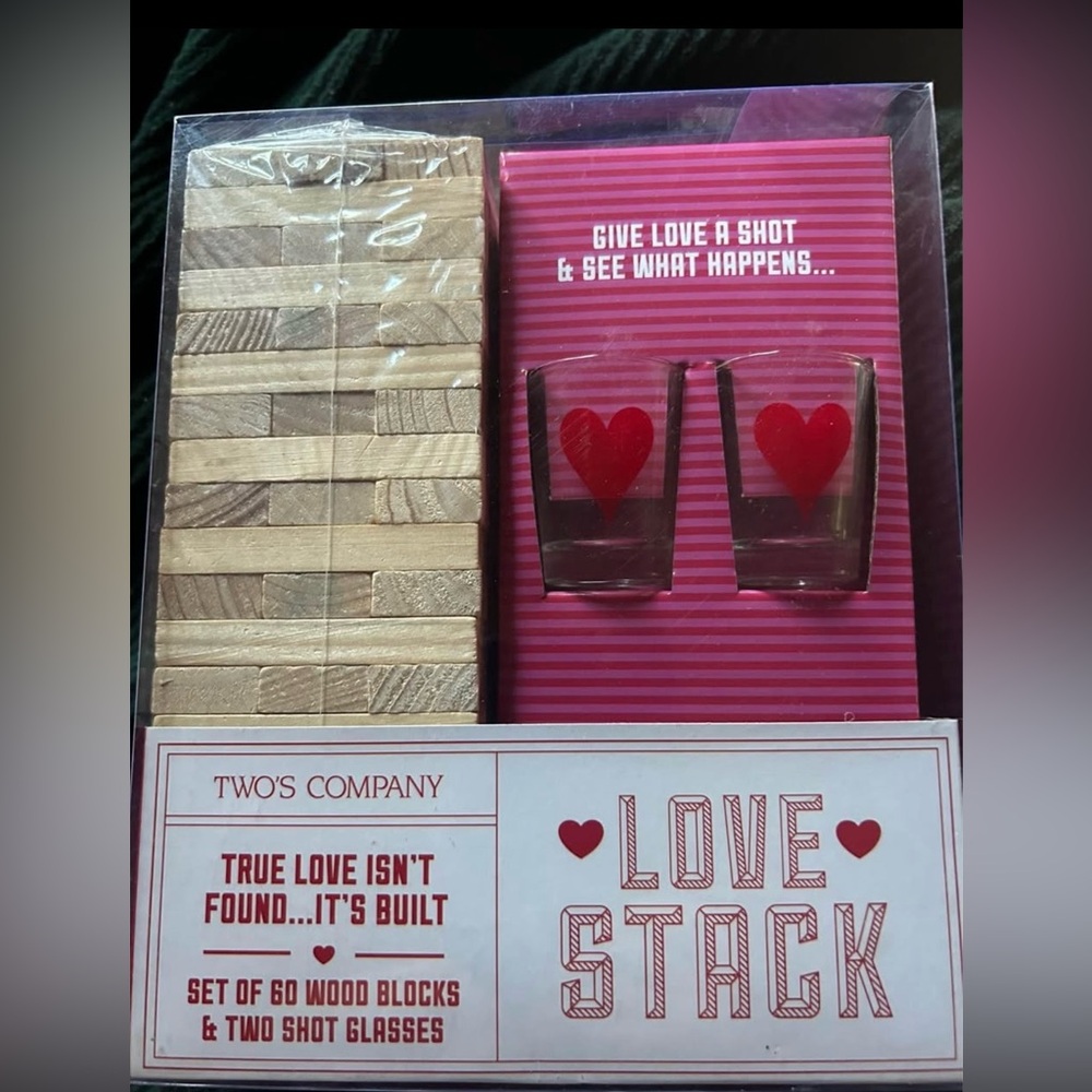 Two's Company Challenge Block Game Set with Two ❤️Shot Glasses